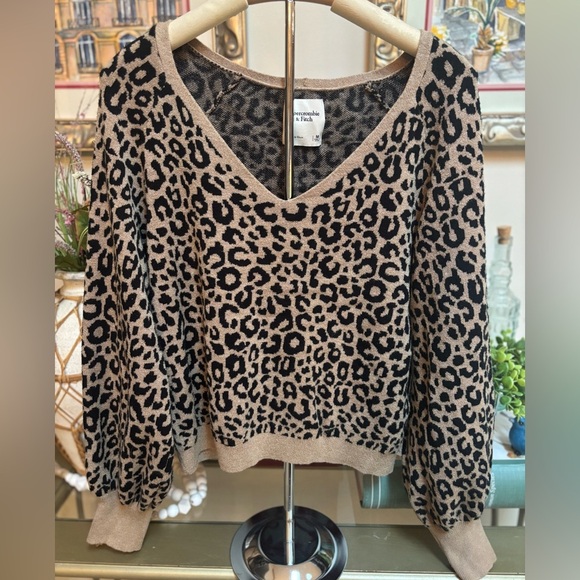 ABERCROMBIE & FITCH Animal Print V-Neck Knit Long Sleeve Oversized Sweater Sz M - Picture 2 of 5